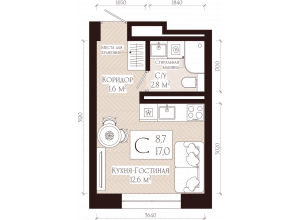 Планировка 1-комн. · 17 м²