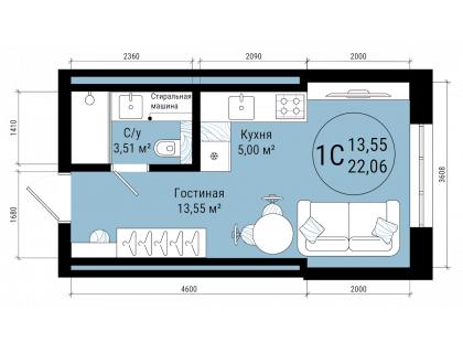 Планировка 1-комн. · 22.1 м²