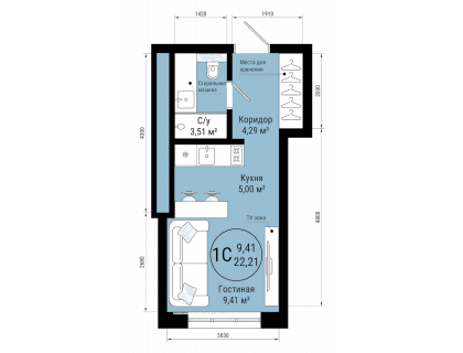 Планировка 1-комн. · 22.2 м²